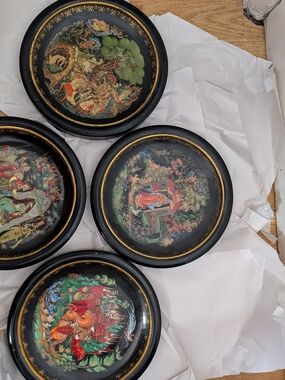 Set of 4 Hand-Painted Russian Legend Decorative Plates